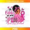 Black Girl Pink Ribbon PNG featuring an African American girl in a pink hoodie with curly hair, a leopard-print headband, and a large pink breast cancer awareness ribbon.
