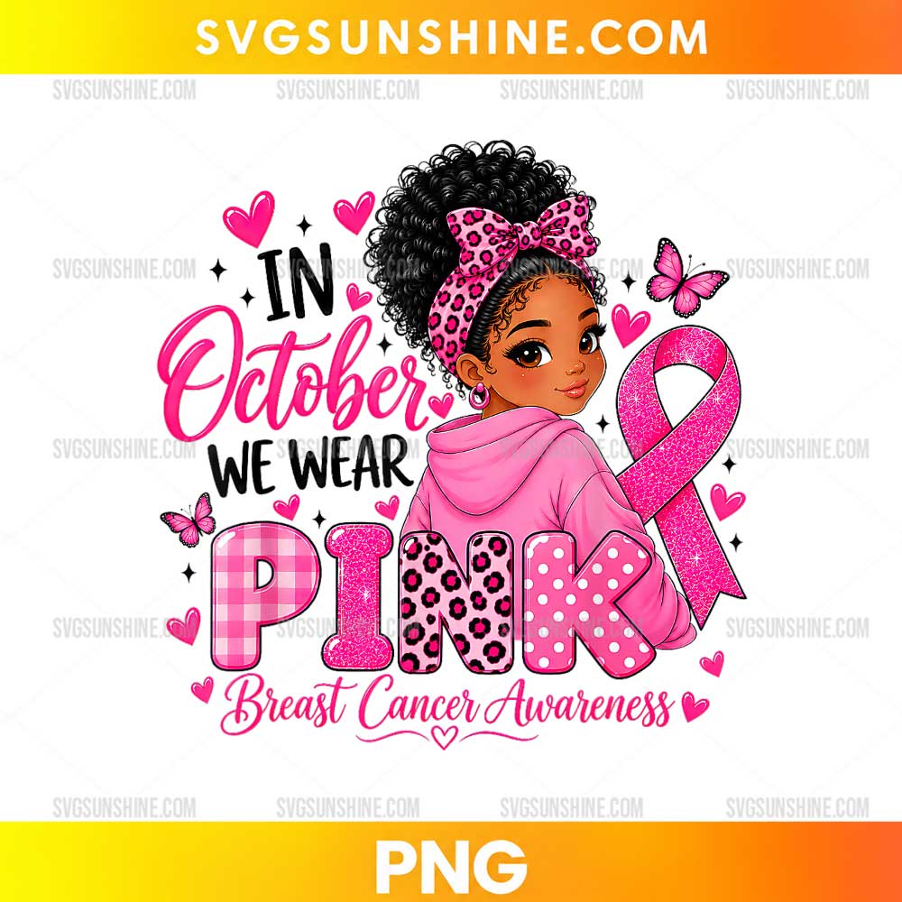 Black Girl Pink Ribbon PNG featuring an African American girl in a pink hoodie with curly hair, a leopard-print headband, and a large pink breast cancer awareness ribbon.