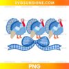 Three cute blue turkeys with patterned feathers and a blue gingham bow Thanksgiving PNG design.