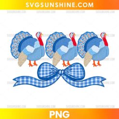 Three cute blue turkeys with patterned feathers and a blue gingham bow Thanksgiving PNG design.