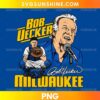 Bob Uecker Milwaukee Brewers PNG featuring an illustrated portrait with a microphone, a vintage catcher illustration, and gold Milwaukee lettering