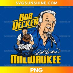 Bob Uecker Milwaukee Brewers PNG featuring an illustrated portrait with a microphone, a vintage catcher illustration, and gold Milwaukee lettering