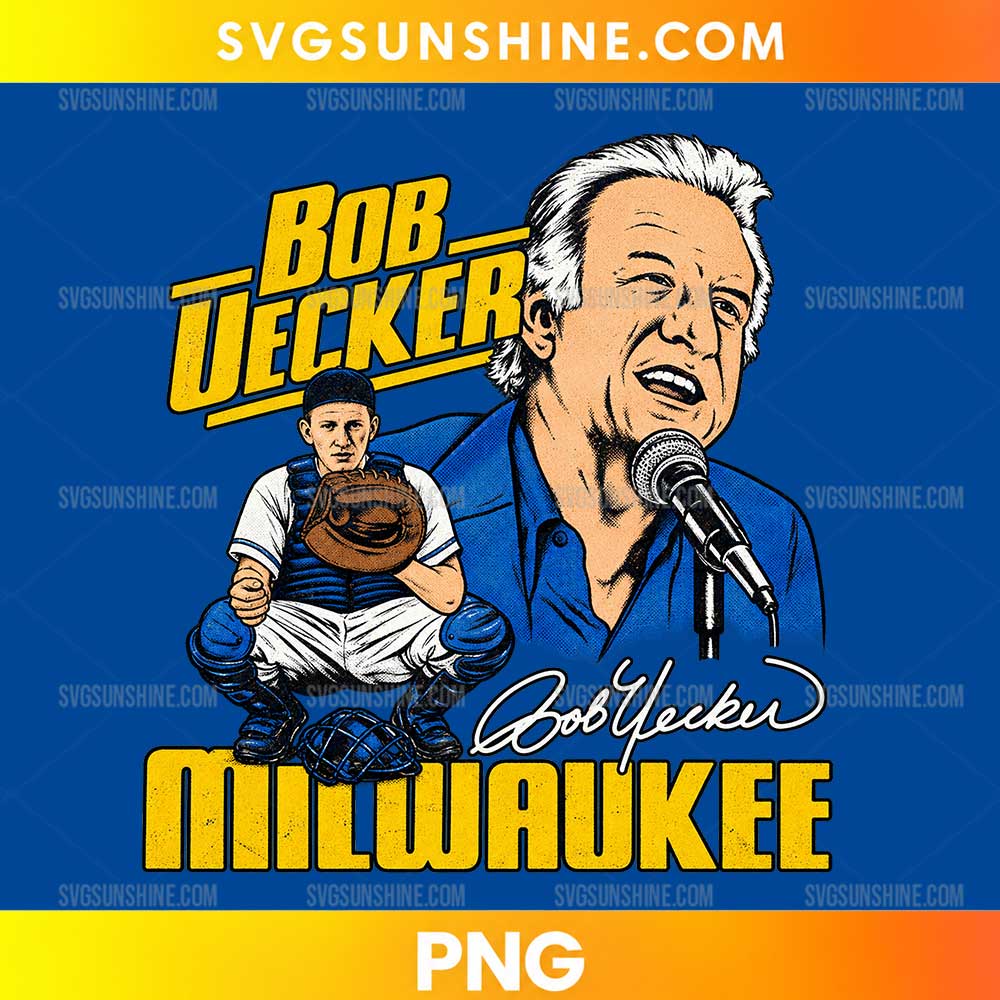 Bob Uecker Milwaukee Brewers PNG featuring an illustrated portrait with a microphone, a vintage catcher illustration, and gold Milwaukee lettering