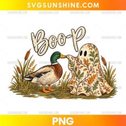 Boo-P Halloween Duck PNG featuring a mallard duck, botanical ghost costume, autumn leaves, and rustic fall lettering