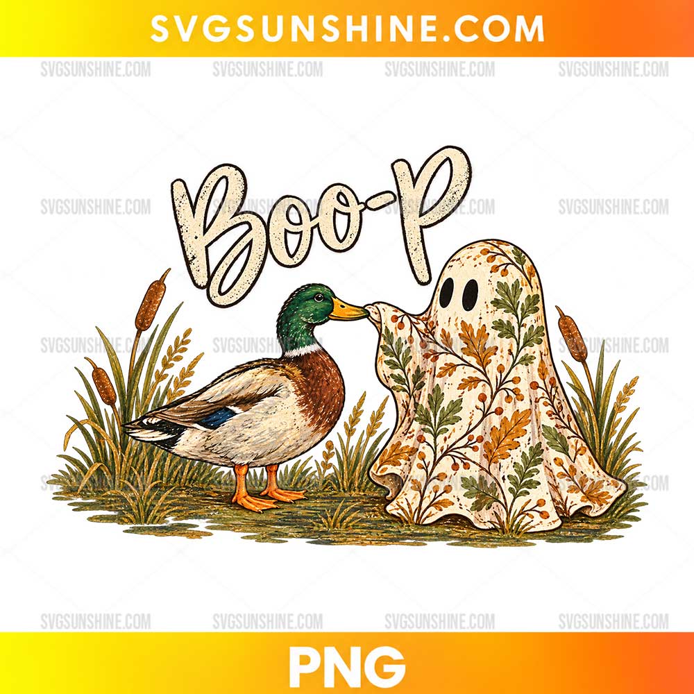 Boo-P Halloween Duck PNG featuring a mallard duck, botanical ghost costume, autumn leaves, and rustic fall lettering