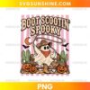 Boot Scootin' Spooky Ghost Cowboy PNG featuring a cute ghost wearing a cowboy hat and red bandana with pumpkins, cactus, bats, and pink stripes.