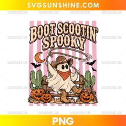 Boot Scootin' Spooky Ghost Cowboy PNG featuring a cute ghost wearing a cowboy hat and red bandana with pumpkins, cactus, bats, and pink stripes.