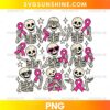 Breast Cancer Awareness Skeletons PNG featuring cartoon skeletons holding bright pink ribbons with stars and playful poses