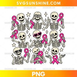 Breast Cancer Awareness Skeletons PNG featuring cartoon skeletons holding bright pink ribbons with stars and playful poses