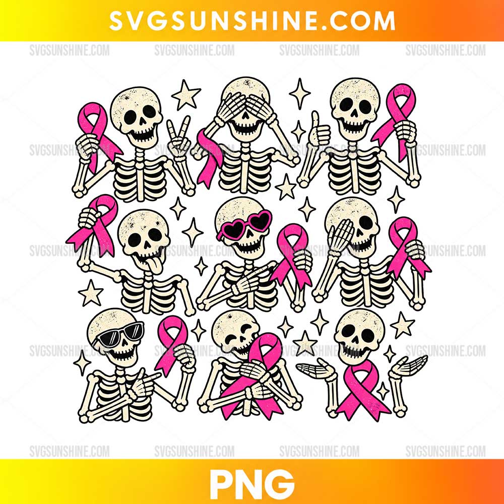 Breast Cancer Awareness Skeletons PNG featuring cartoon skeletons holding bright pink ribbons with stars and playful poses