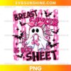Breast Cancer Is Boo Sheet PNG featuring a white ghost with a pink awareness ribbon and bow, black bats, spiderwebs, and a glitter-style pink background