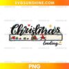 Christmas Loading PNG with black script lettering, snowy progress bar, Santa pulling a sleigh of presents, evergreen trees, and stars