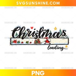 Christmas Loading PNG with black script lettering, snowy progress bar, Santa pulling a sleigh of presents, evergreen trees, and stars