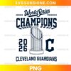Cleveland Guardians 2026 World Series Champions PNG featuring navy blue championship lettering, a detailed trophy, and a large C emblem.