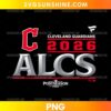 Cleveland Guardians ALCS 2026 PNG featuring a red C emblem, metallic silver ALCS lettering, red 2026 text, and postseason graphics.