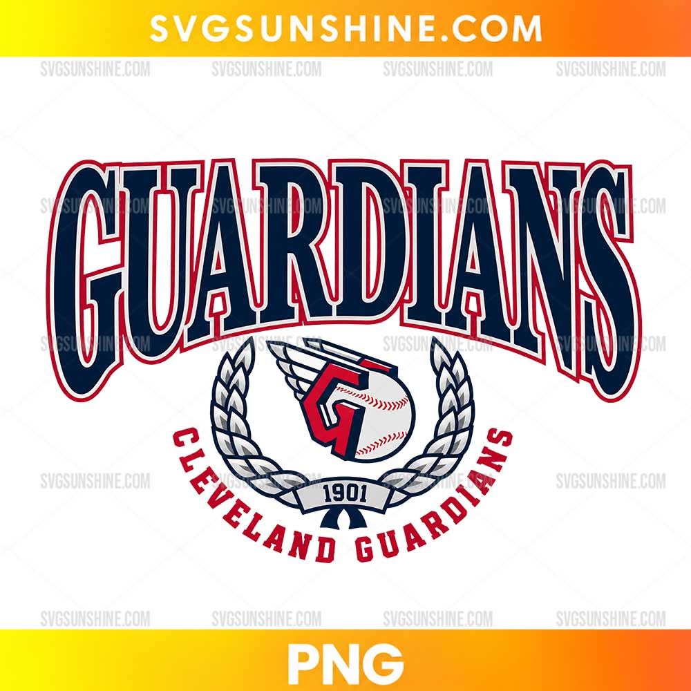Cleveland Guardians Baseball Laurel Wreath PNG featuring oversized navy lettering, red and white outlines, a baseball emblem, and a silver wreath.