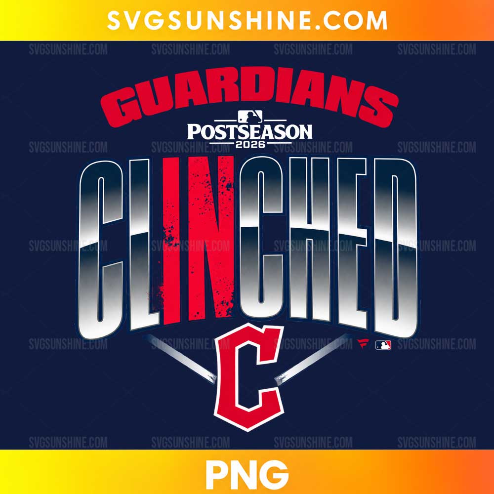 Cleveland Guardians Clinched PNG featuring red Guardians lettering, silver CLINCHED text, POSTSEASON 2026 details, and a red C emblem.