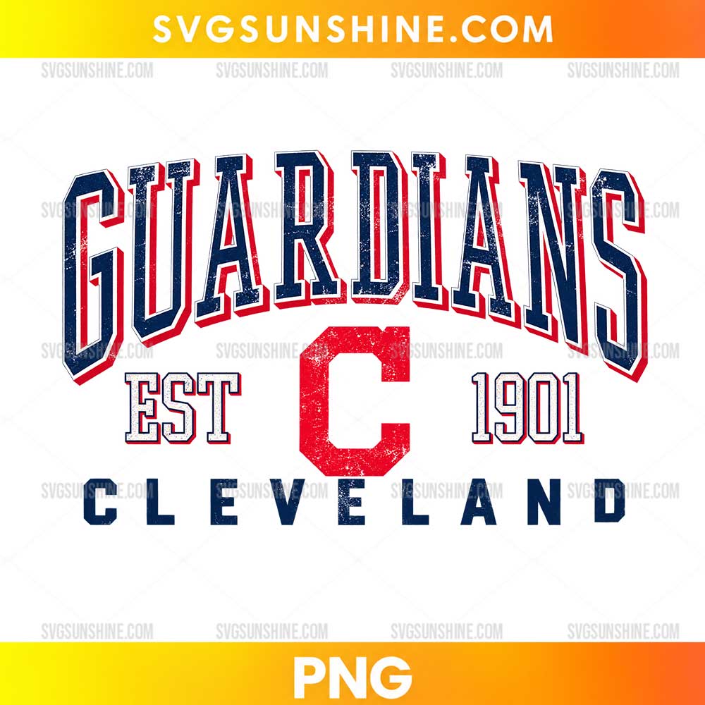 Cleveland Guardians EST 1901 PNG with distressed navy GUARDIANS lettering, a red C emblem, and CLEVELAND text.