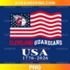 Cleveland Guardians USA 1776-2026 PNG featuring an American flag, baseball-inspired emblem, and patriotic red, white, and blue lettering.