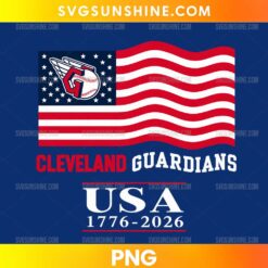Cleveland Guardians USA 1776-2026 PNG featuring an American flag, baseball-inspired emblem, and patriotic red, white, and blue lettering.