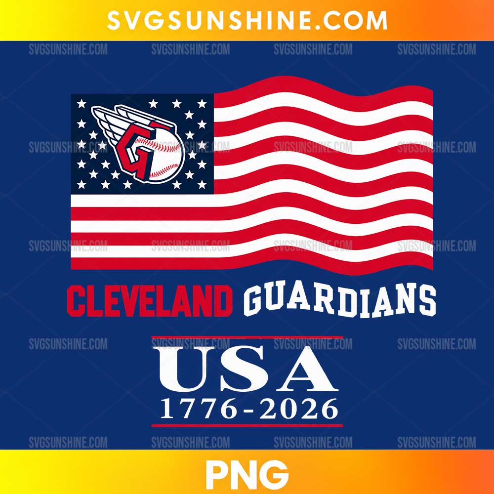 Cleveland Guardians USA 1776-2026 PNG featuring an American flag, baseball-inspired emblem, and patriotic red, white, and blue lettering.