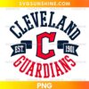 Cleveland Guardians PNG featuring a red central C emblem, curved navy Cleveland lettering, red Guardians text, and EST. 1901 banners.