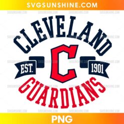 Cleveland Guardians PNG featuring a red central C emblem, curved navy Cleveland lettering, red Guardians text, and EST. 1901 banners.