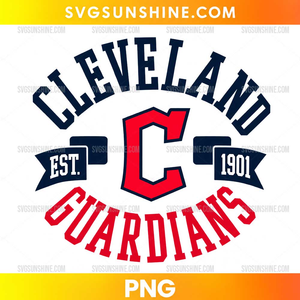Cleveland Guardians PNG featuring a red central C emblem, curved navy Cleveland lettering, red Guardians text, and EST. 1901 banners.