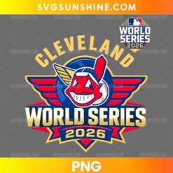 Cleveland Guardians World Series 2026 PNG featuring a red and navy baseball emblem, gold CLEVELAND lettering, red wings, and a 2026 banner.