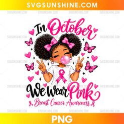 Cute Black Girl Breast Cancer Awareness PNG with curly double buns, pink bows, bubble gum, and a pink ribbon T-shirt.