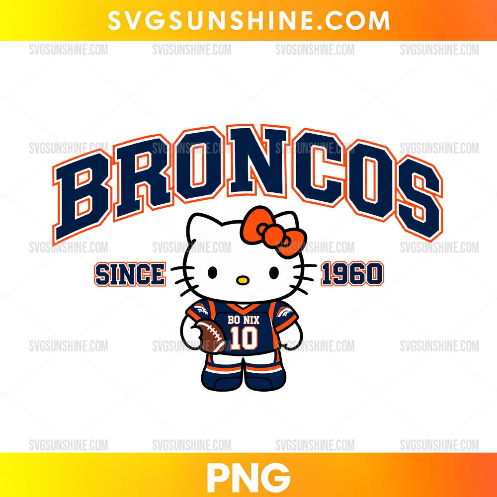 Denver Broncos Hello Kitty PNG featuring a cute football character wearing a Broncos-inspired uniform with football graphics
