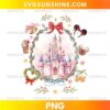 Disney Christmas Castle PNG featuring a pink fairytale castle surrounded by festive greenery, red bows, berries, and holiday ornaments.