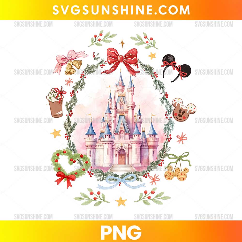 Disney Christmas Castle PNG featuring a pink fairytale castle surrounded by festive greenery, red bows, berries, and holiday ornaments.