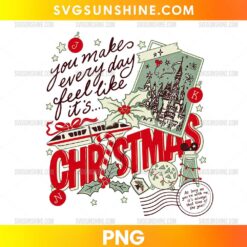Disney Christmas Magic PNG featuring vintage red Christmas lettering, a fairytale castle postcard, a festive train, candy cane, holly leaves, ornaments, and stars.
