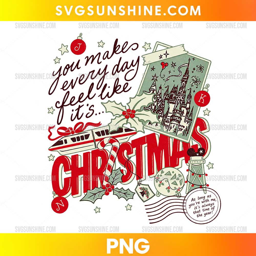 Disney Christmas Magic PNG featuring vintage red Christmas lettering, a fairytale castle postcard, a festive train, candy cane, holly leaves, ornaments, and stars.