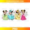 Disney Princess Minnie Mouse PNG featuring cute princess characters in colorful fairy tale dresses with flowers and hearts
