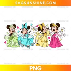 Disney Princess Minnie Mouse PNG featuring cute princess characters in colorful fairy tale dresses with flowers and hearts