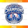 Dodgers 2026 NL West Champions PNG featuring championship lettering, an LA emblem, baseball, stadium background, stars, and silver laurels.
