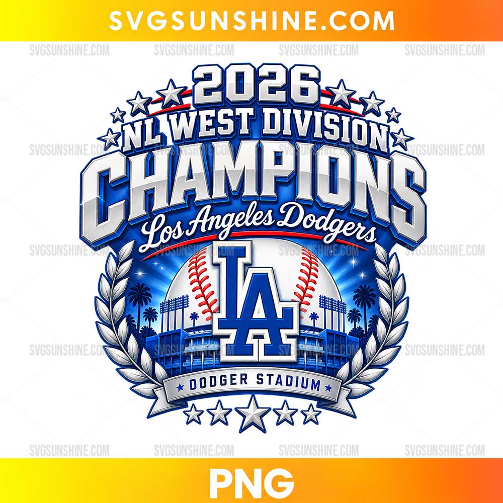 Dodgers 2026 NL West Champions PNG featuring championship lettering, an LA emblem, baseball, stadium background, stars, and silver laurels.