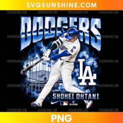 Dodgers Shohei Ohtani PNG featuring a baseball batting illustration, silver lettering, blue smoke effects, and LA monogram