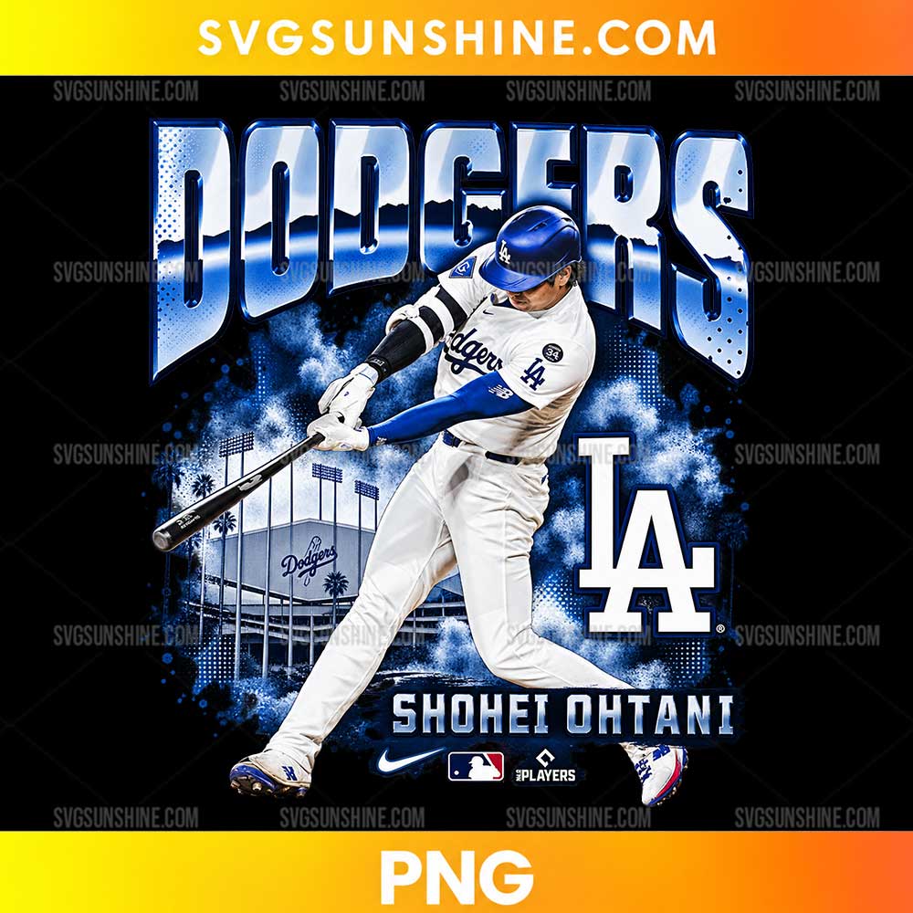 Dodgers Shohei Ohtani PNG featuring a baseball batting illustration, silver lettering, blue smoke effects, and LA monogram