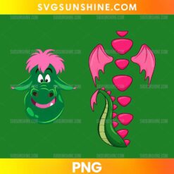 Elliott Pete's Dragon PNG featuring a green cartoon dragon with bright pink hair and a matching pink-spiked tail.