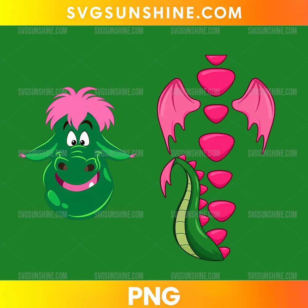 Elliott Pete's Dragon PNG featuring a green cartoon dragon with bright pink hair and a matching pink-spiked tail.