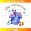Fairy Godmother PNG featuring a blue robe, pink bow, magic wand, bluebirds, animal companions, and colorful sparkling stars.