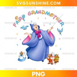 Fairy Godmother PNG featuring a blue robe, pink bow, magic wand, bluebirds, animal companions, and colorful sparkling stars.