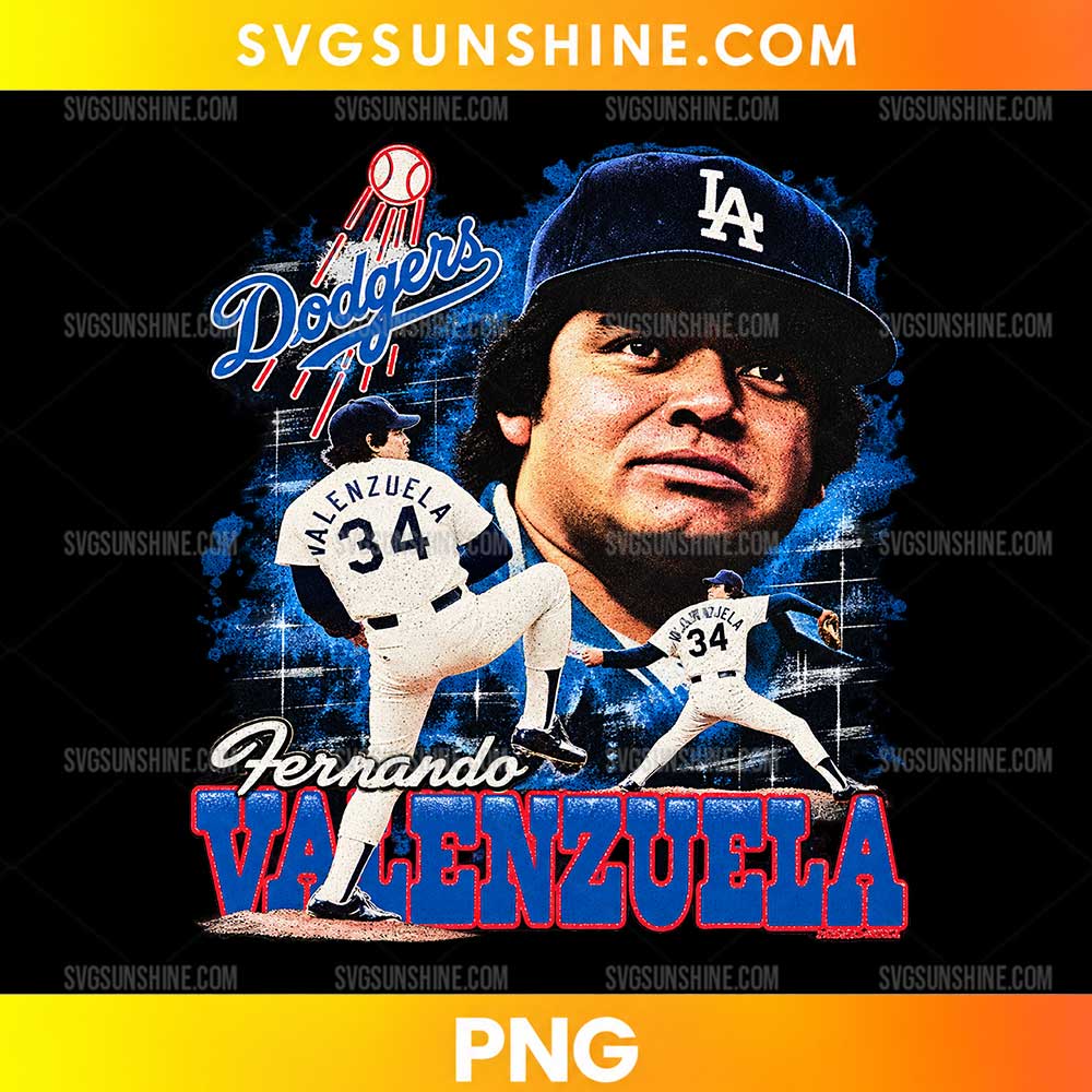 Fernando Valenzuela Dodgers PNG featuring a player portrait, number 34 uniform, pitching poses, and blue-and-red baseball lettering