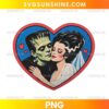 Frankenstein and Bride of Frankenstein Love PNG featuring a green monster and his bride embracing inside a red heart with small romantic hearts.