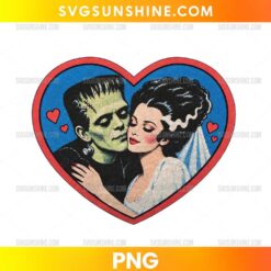 Frankenstein and Bride of Frankenstein Love PNG featuring a green monster and his bride embracing inside a red heart with small romantic hearts.
