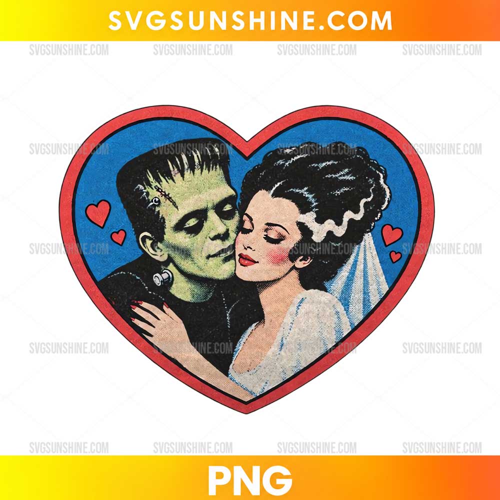Frankenstein and Bride of Frankenstein Love PNG featuring a green monster and his bride embracing inside a red heart with small romantic hearts.
