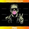 Frankenstein Bubble Gum PNG featuring a vintage green monster wearing black sunglasses, blowing pink bubble gum, and making a peace sign.